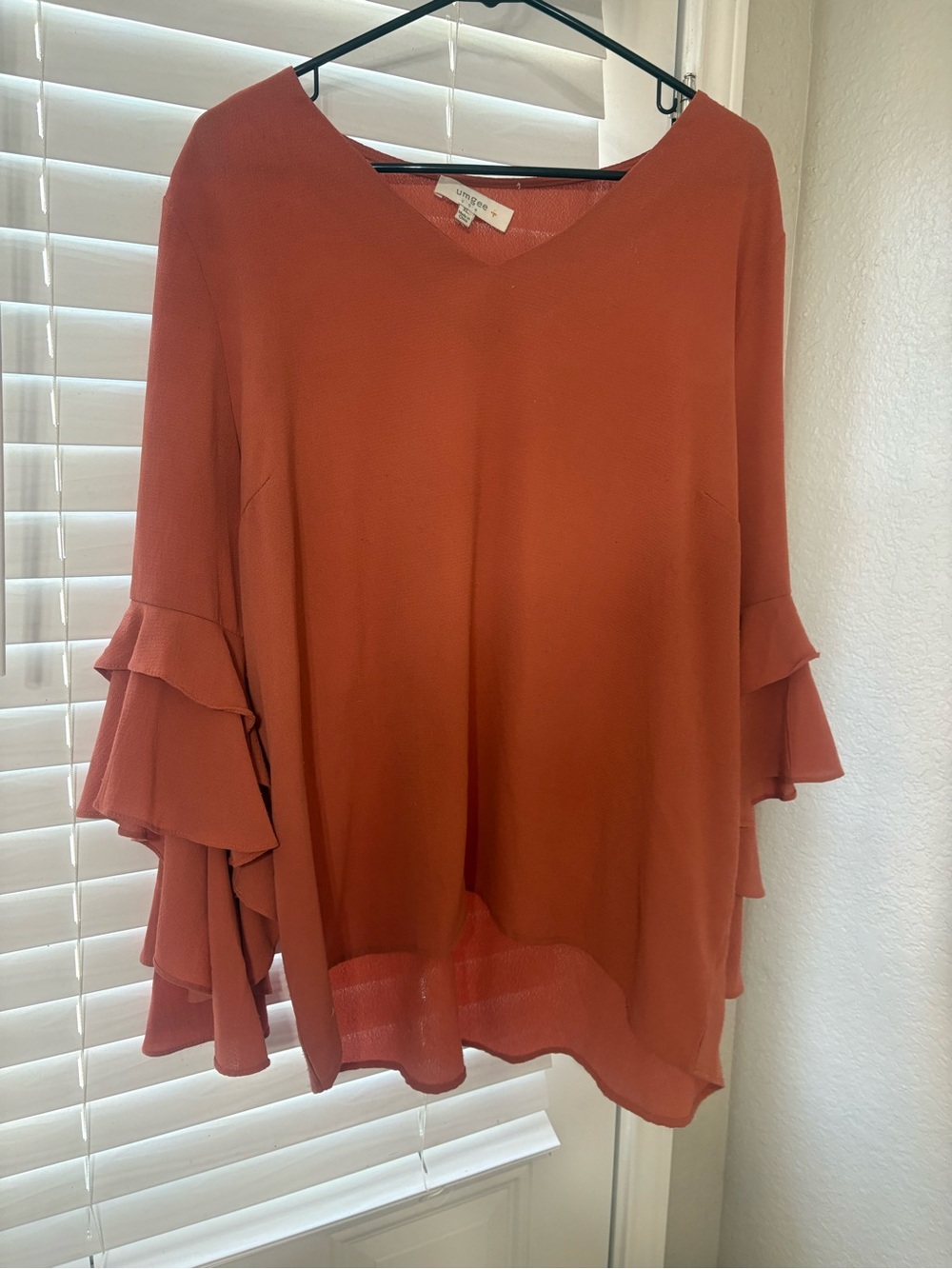 Umgee Rust Orange V-Neck Ruffle Sleeve Tunic